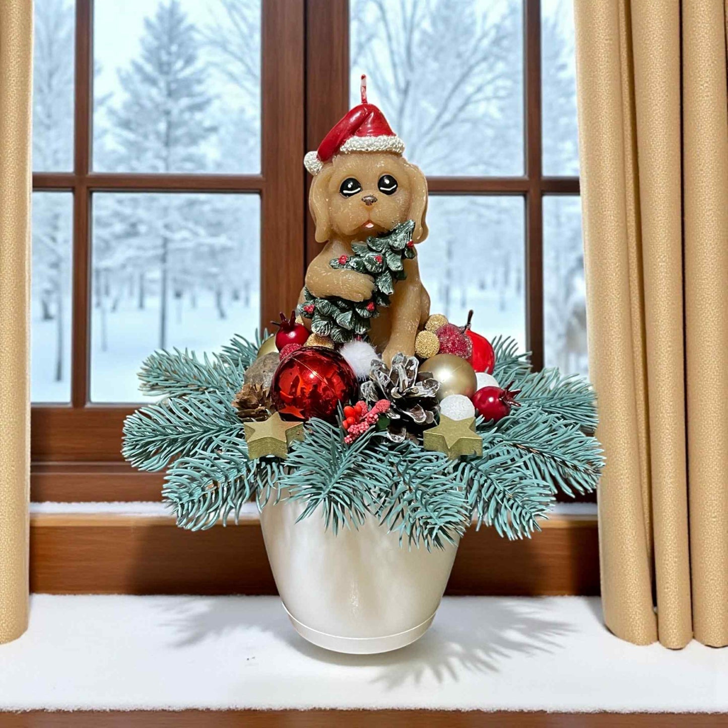 Decorațiune de Crăciun cu lumânare cu cățeluș